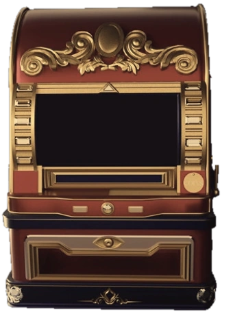 An antique slot machine in red, navy and gold.